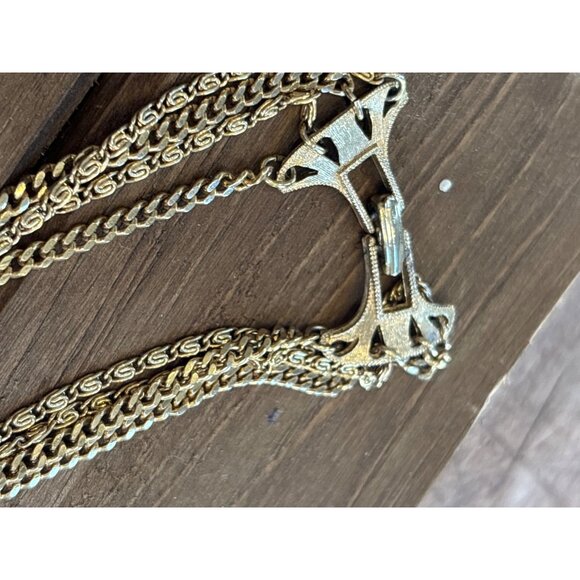 Vintage Gold-Tone Multi-Strand Chain Necklace With Decorative Clasp - Picture 7 of 13